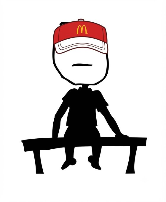 A cartoon figure wearing a red McDonald's cap with the golden "M" logo sits on a bench as a dark silhouette. The image relates to the post's suggestion to hold $KIM tokens until normies receive airdrops, using the fast-food mascot imagery to humorously depict the idea of waiting for mainstream ("normie") investors to enter.
