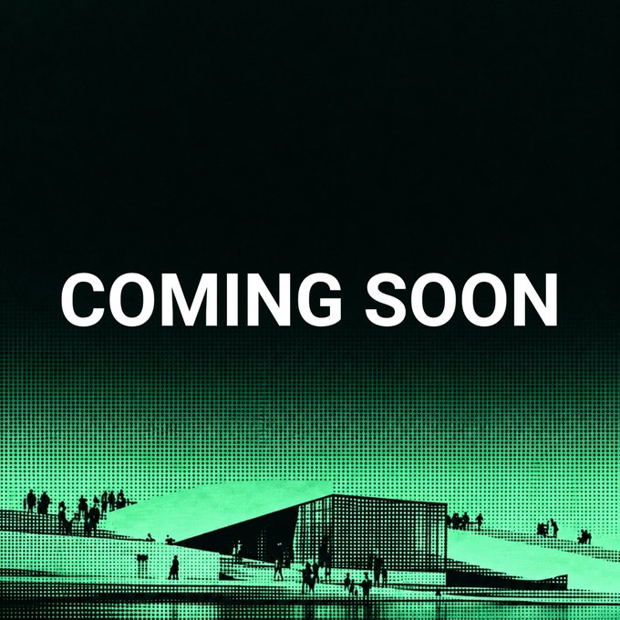 A 'Coming Soon' graphic featuring large white text over a green-toned architectural rendering of a modern building with people walking around it.