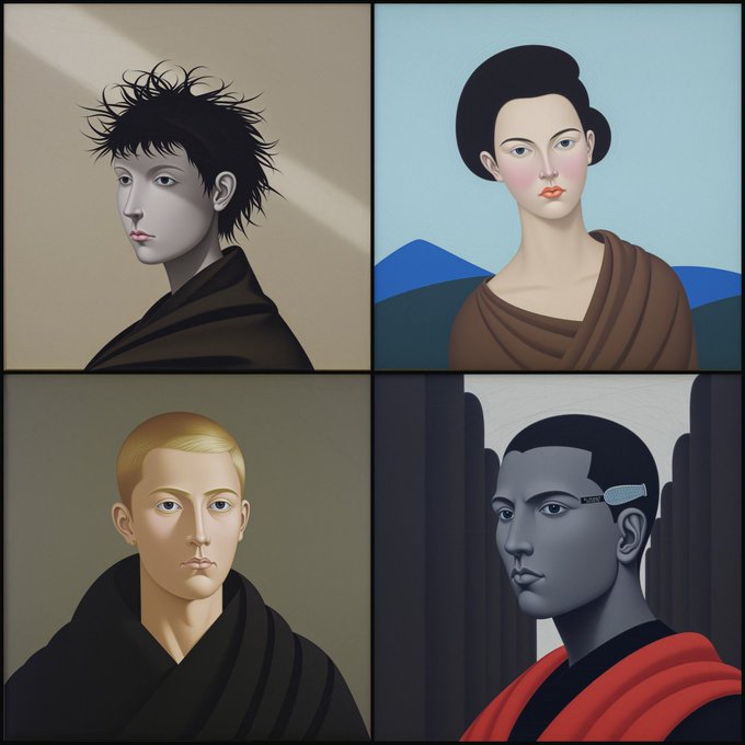 Four stylized digital portraits with a futuristic aesthetic, likely NFT artwork, shown in a 2x2 grid but unrelated to the giveaway post about Divergents_ETH NFT minting.