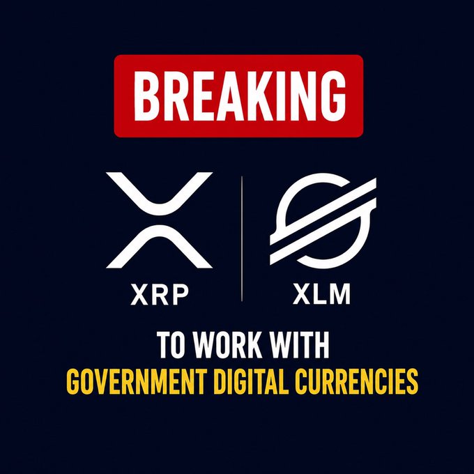 BREAKING: **XRP** and **XLM** are positioned to work alongside government digital currencies. This graphic visually represents the announcement of former SWIFT executive André Casterman's perspective on the future of global payments.