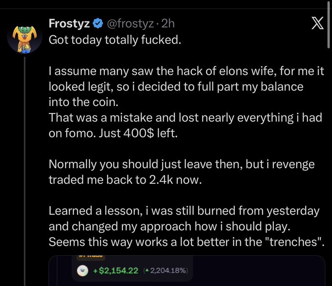 A Twitter/X post by Frostyz (@frostyz·2h) with the tweet "Got today totally fucked," detailing a trading loss down to $400 before recovering to $2.4k via revenge trading, and showing a +$2,154.22 (+2,204.18%) gain. The accompanying reply promotes $COAT as the utility token powering the Coattail Brokers Ecosystem, urging others to "hop in" as a working system rather than hype, in alignment with Frostyz's "trenches" recovery narrative.