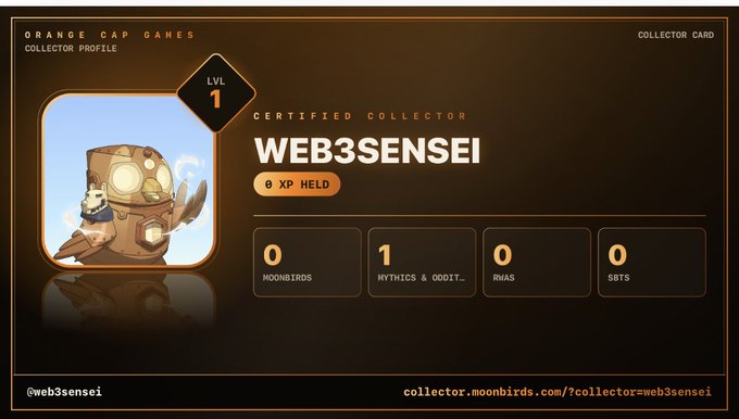 An Orange Cap Games collector profile for "WEB3SENSEI," a Certified Collector at Level 1 with 0 XP held, 0 Moonbirds, 1 Mythics & Oddities, and 0 RMAs/SBTS.