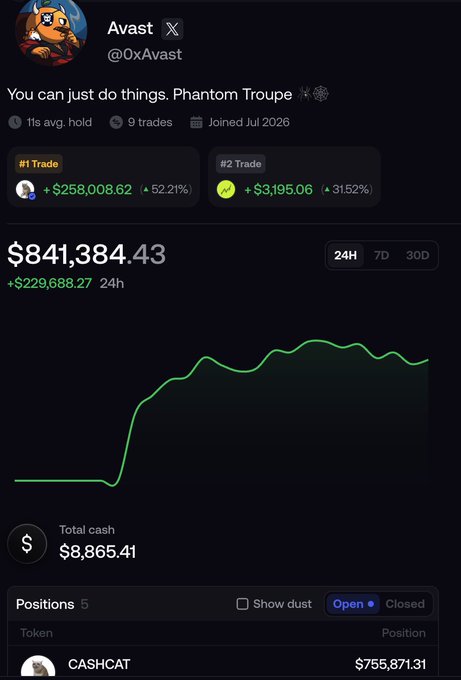 A screenshot of a trading portfolio for user "Avast" (@0xAvast) showing a $841,384.43 total value with +$229,688.27 in 24H gains, featuring a top position in CASHCAT worth $755,871.31, reflecting the "winning on RH chain" success mentioned in the post.
