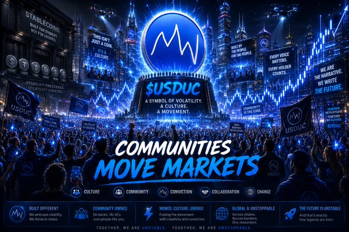 The image depicts a large nighttime rally in a neon-lit city where a crowd holds banners and flags emblazoned with the "USDUC" logo, centered around a stage displaying the text "USDUC – A SYMBOL OF VOLATILITY. A CULTURE. A MOVEMENT." Overlaid text reads "COMMUNITIES MOVE MARKETS," with the supporting tagline "TOGETHER, WE ARE UNSTABLE. TOGETHER, WE ARE UNSTOPPABLE," directly visualizing the post's message that $USDUC is a community-driven cultural movement rather than a traditional stablecoin.