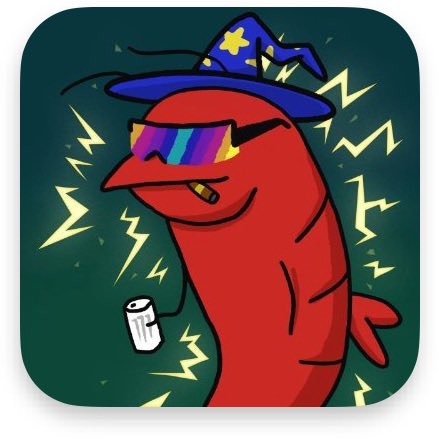 An illustrated icon of a red character wearing a blue wizard hat with a star and rainbow shutter shades, surrounded by lightning bolts.