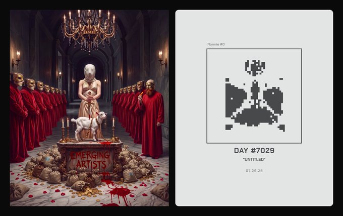 A dark fantasy artwork titled 'EMERGING ARTISTS' showing a pale figure with a white lamb on an altar surrounded by robed figures and skulls, paired with a pixel art design labeled 'Nonnie #0', 'DAY #7029', 'UNTITLED', dated 07.29.25.