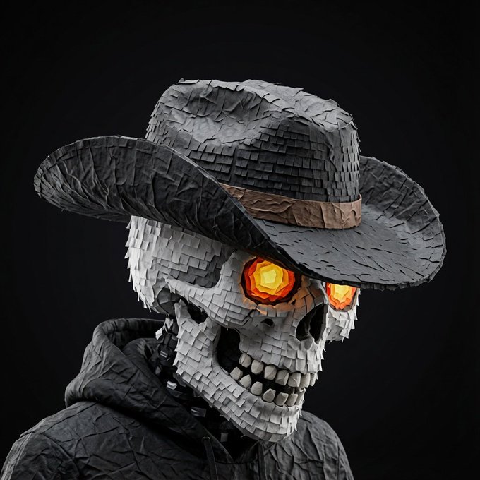 A stylized 3D paper-craft skeleton wearing a black cowboy hat with glowing orange-red eyes against a dark background.