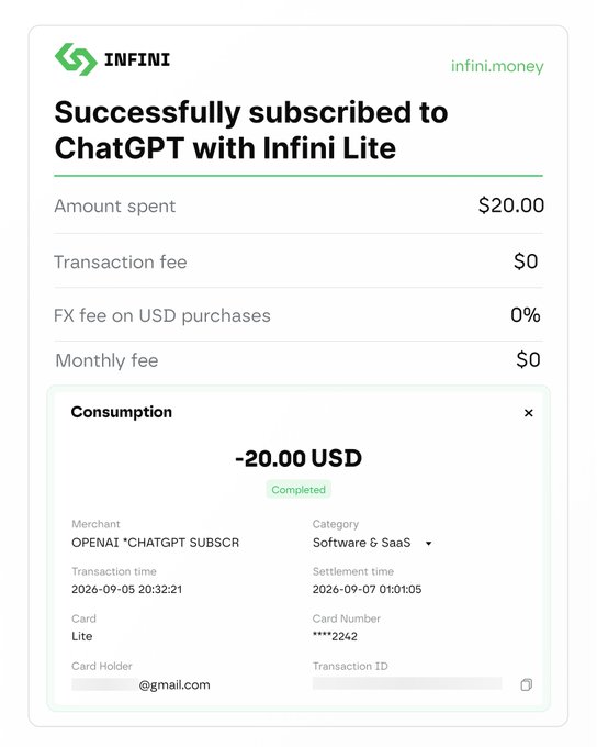 A transaction confirmation screenshot from Infini showing 'Successfully subscribed to ChatGPT with Infini Lite' with an amount spent of $20.00, zero fees, and a completed consumption of -20.00 USD for merchant 'OPENAI *CHATGPT SUBSCR'.