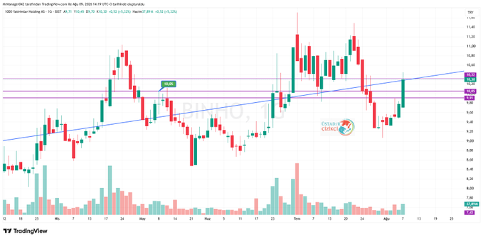 A daily TradingView candlestick chart of BR Properties (BRPR3) from August 2024 to August 2025 shows the price trading between roughly R$8 and R$16, with horizontal pink/magenta support and resistance zones marked near R$9.50–R$10, an ascending blue trendline from the lows, and an entry signal labeled "ENTRADA COMPRA" near R$10.45, illustrating the detailed support/resistance analysis referenced in the post.