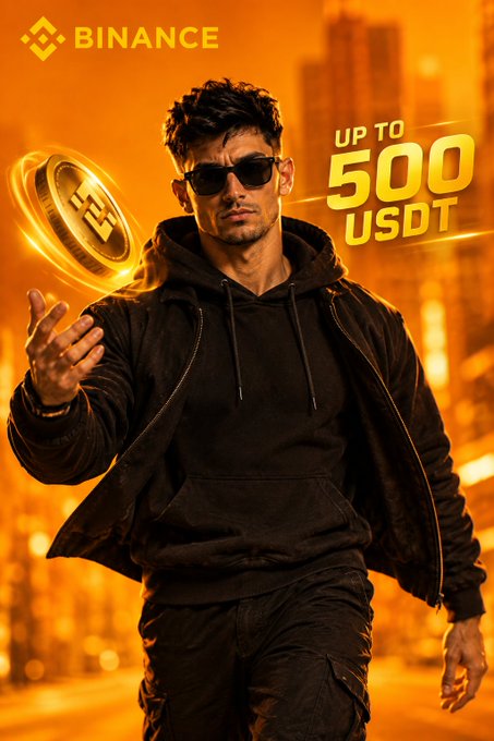 A stylized Binance promotion shows a man in dark clothing holding a glowing Bitcoin-like coin, with the text “BINANCE” and “UP TO 500 USDT.”