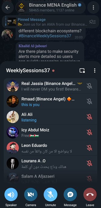 A screenshot of a Binance MENA English Telegram voice chat called 'WeeklySessions37' showing participants and chat messages in English and Arabic.