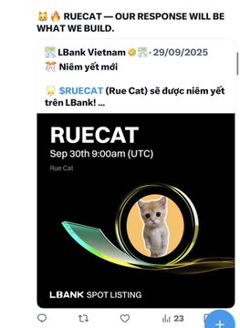 A social media post announcement that RUECAT will be listed on LBank Vietnam on September 29, 2025, listing at 9:00am (UTC), featuring an image of a small cat.