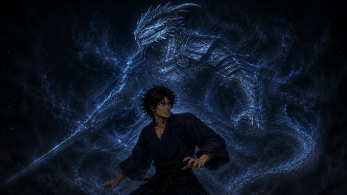 The image features two characters - one person dressed as a man wearing a blue robe with a sword, and another character resembling a dragon or monster with wings. The man's character is standing next to the dragon-like figure, both facing each other in an intense confrontation.