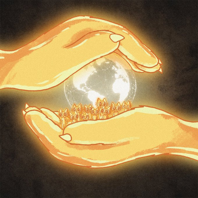 An artistic illustration showing two glowing golden hands cradling a small group of cats in front of a translucent globe/Earth against a dark background.