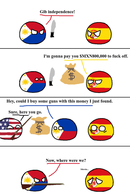 A four-panel comic featuring countryballs (Philippines, Spain, USA, and another Spanish-flagged ball) depicting the Philippines demanding Gib independence, Spain offering money, USA providing guns in exchange for the money, and the Philippines returning armed.
