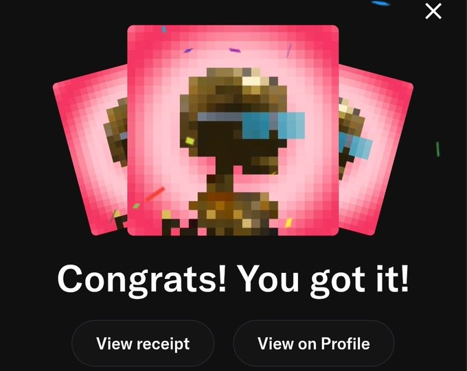 A digital screenshot showing three pixelated pink cards with a character design and the text 'Congrats! You got it!' along with 'View receipt' and 'View on Profile' buttons.
