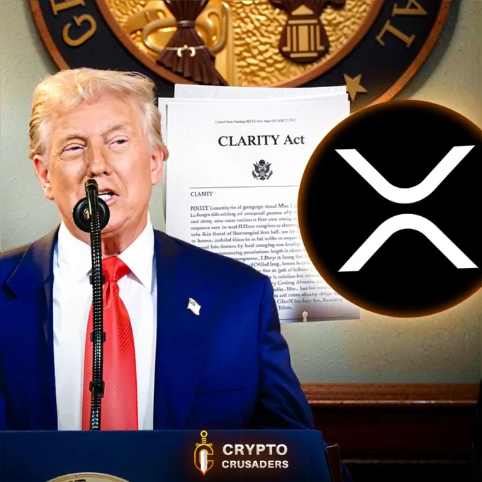 The image features a man wearing a suit, speaking into a microphone at a podium with a document titled "CLARITY ACT" behind him. The text of the act reads "CLEAR THE CLARITY ACT". The background includes a clock and an XRP symbol, suggesting that this event is related to cryptocurrency or blockchain technology. The post also mentions that the Senate Banking Committee voted on May 14th to advance the clarity act.