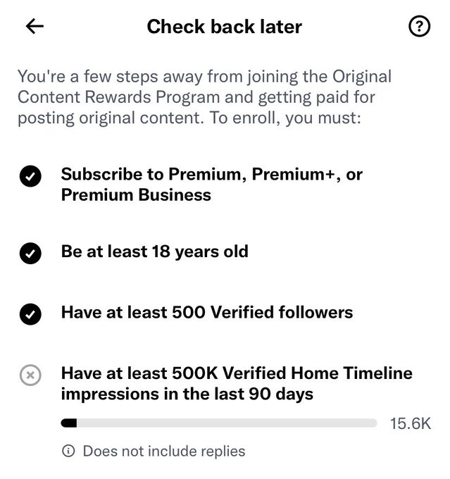 A mobile app screen showing enrollment requirements for an Original Content Rewards Program, with checkmarks for Premium subscription, being 18+, and having 500 verified followers, while the requirement for 500K impressions in 90 days shows only 15.6K progress.