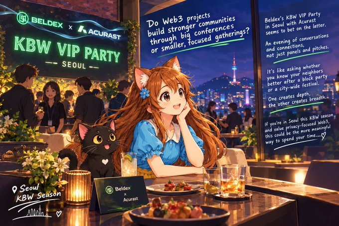 An anime-style promotional illustration for the 'BELDEX x ACURAST KBW VIP PARTY SEOUL' featuring a girl with cat ears and a black cat, with text about the event happening during 'Seoul KBW Season'.