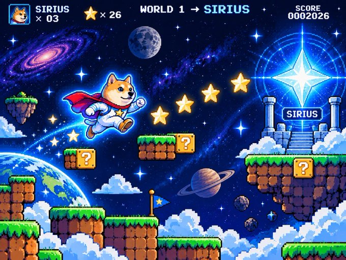 A space-themed platformer game shows "SIRIUS" wearing a red cape flying through a starry cosmos toward a glowing star portal labeled "SIRIUS," with a HUD displaying "LIVES ×03," "STARS ×26," and "SCORE 0002026." The image visually matches the caption by depicting the Shiba Inu mascot mid-flight, about to cross into the "SIRIUS" level gateway, tying directly into the "WORLD 1 → SIRIUS" header.