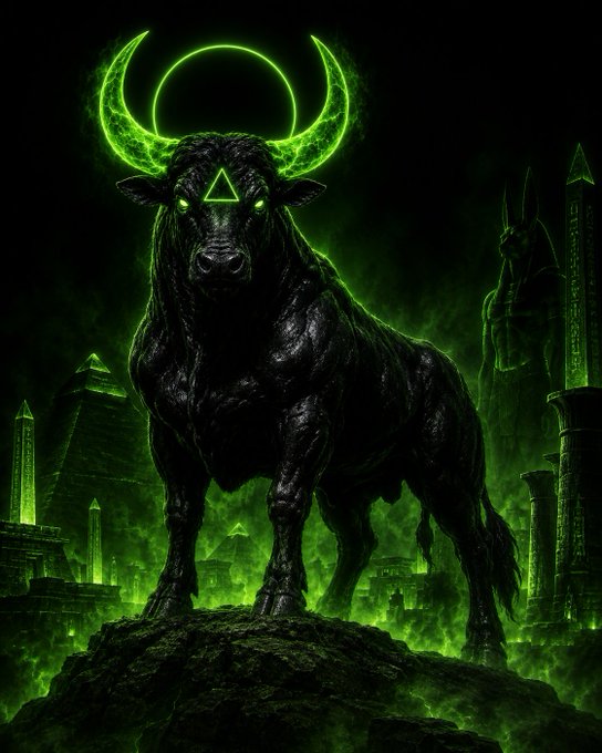 A dark fantasy digital artwork depicts a massive black bull with glowing green horns and a glowing green triangle on its forehead, standing on a rocky outcrop surrounded by green mist and ancient obelisks.