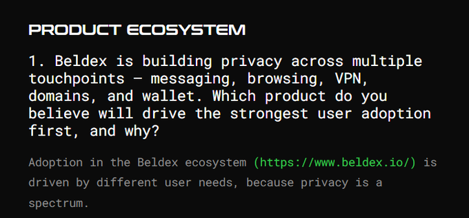 A dark screen titled 'PRODUCT ECOSYSTEM' displays a question about Beldex's privacy products across messaging, browsing, VPN, domains, and wallet, noting their website at beldex.io.