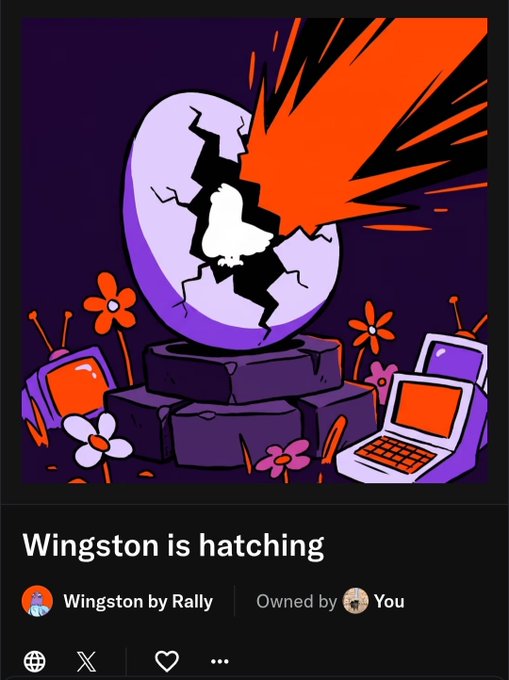 NFT collection page for 'Wingston by Rally' showing digital artwork of a purple egg hatching with an explosion effect on a pedestal surrounded by flowers and retro devices, owned by the user.