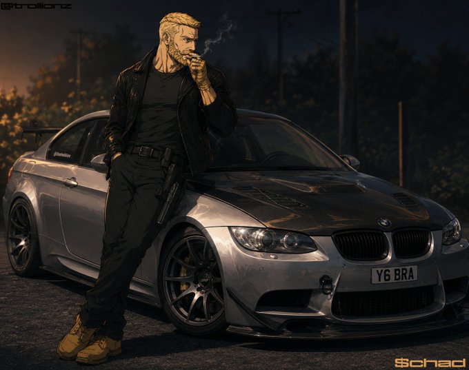 An illustrated blonde man in dark clothing smokes a cigarette while leaning against a silver BMW with the license plate 'Y6 BRA'.