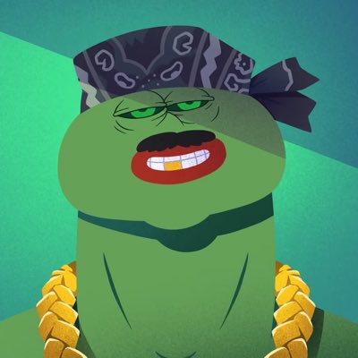 A cartoon illustration of a muscular green character wearing a blue bandana, a black mustache, a gold tooth, and a thick gold chain necklace against a teal background.
