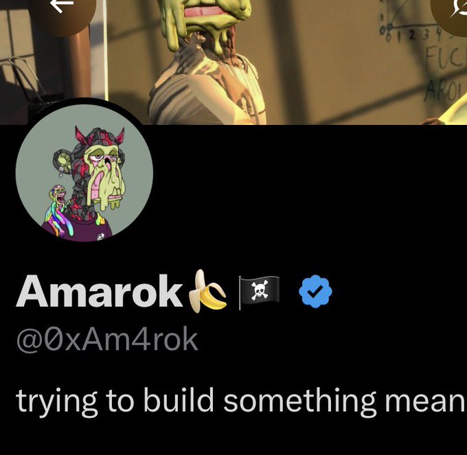 The screenshot shows a Twitter/X profile for "Amarok" (@0xAm4rok) with a colorful alien avatar, featuring the bio "trying to build something mean." The background displays Bored Ape Yacht Club (BAYC) imagery, connecting to the post celebrating a BAYC tournament champion.