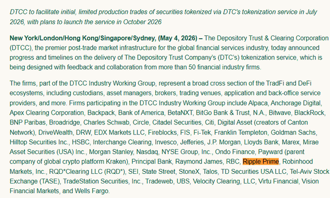 The image shows a screenshot of a webpage with text about Ripple Prime that is being listed on Wall Street's Core Infrastructure. The text indicates that Ripple Prime was recently named one of the 50+ firms participating in a tokenization working group, which has successfully cleared $114 TRILLION in assets at the moment. The website also mentions that Ripple Prime was launched in October and that it is now inside Wall Street's Core Infrastructure.