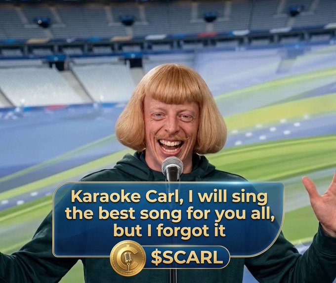 A character with a bob haircut speaking into a microphone in a stadium, with a caption reading 'Karaoke Carl, I will sing the best song for you all, but I forgot it' alongside a $SCARL coin token.