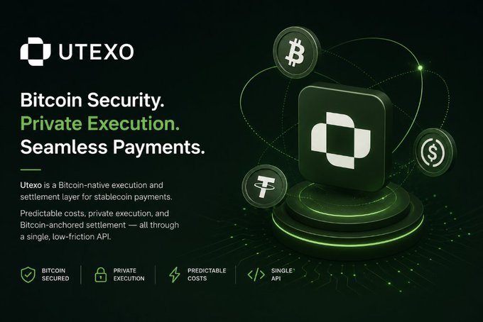 A promotional graphic for UTEXO, a Bitcoin-native execution and settlement layer for stablecoin payments, highlighting 'Bitcoin Security. Private Execution. Seamless Payments.' with BTC, USD, and Tether icons.
