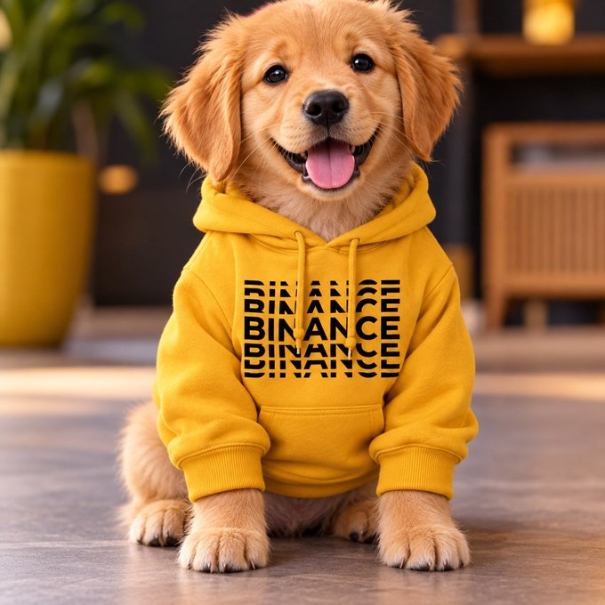 A golden retriever puppy sits smiling, wearing a yellow hoodie with the word 'BINANCE' repeated in black text.