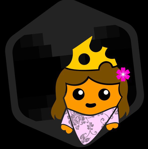 A cartoon/mascot logo featuring a girl character with brown hair wearing a yellow crown and a pink floral dress, with a pink flower in her hair, on a dark hexagonal background.