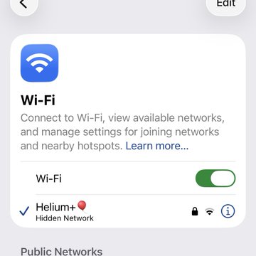 An iPhone Wi-Fi settings screen showing the device is connected to a hidden network named "Helium+" with the Wi-Fi toggle turned on.