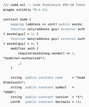 Solidity smart contract code for the Usdd Stablecoin (USDD) ERC-20 token, showing wards mapping and relay/deny functions with name "Usdd Stablecoin" and symbol "USDD".