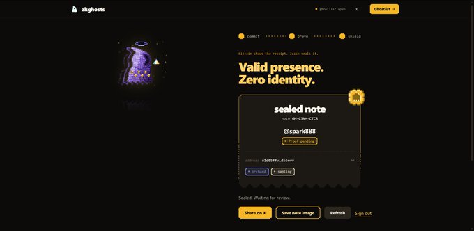 A dark-themed website titled '.zkghosts' displaying 'Valid presence. Zero identity.' with a sealed note address 0x-C3M0-CTCR (@spark888), pending receipt and options to share, save, or refresh.