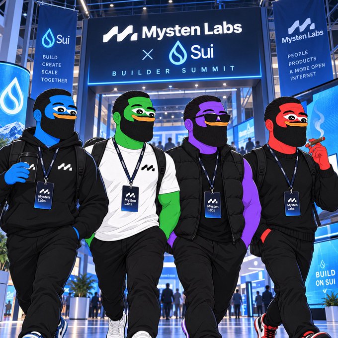 An illustrated promotional image for a Mysten Labs x Sui Builder Summit, showing four masked figures in blue, green, purple, and red at an event entrance.