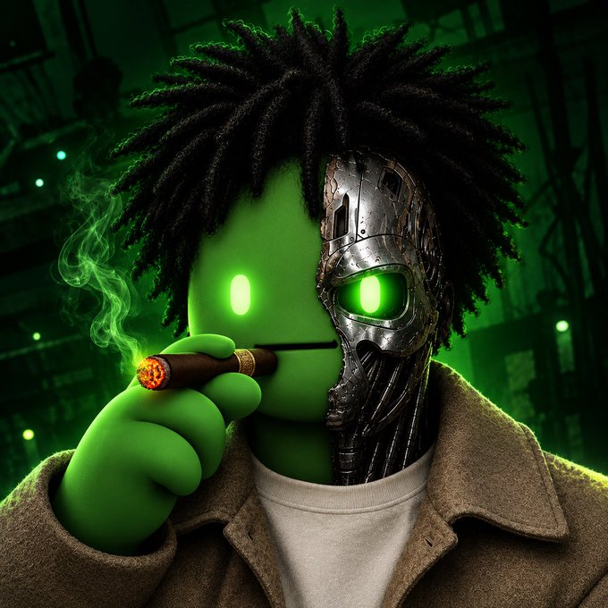 A 3D-rendered green character with dreadlocks, half of its face covered by metallic cybernetic armor, smokes a lit cigar in a green-lit industrial setting.