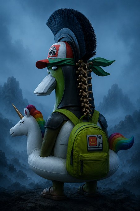 A 3D rendered character resembling a Roman centurion helmet merged with a unicorn floatie, wearing a green backpack with a smiley face patch, set against a dark, moody background.