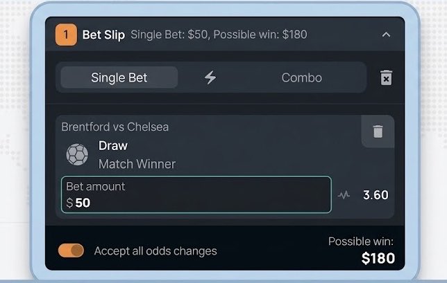 A sports betting interface showing a Bet Slip for a Brentford vs Chelsea match, with a $50 single bet on a Draw at 3.60 odds, yielding a possible win of $180.