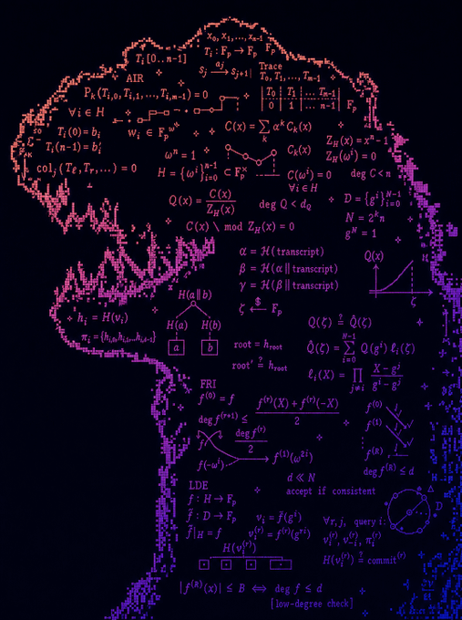 A stylized silhouette of a head filled with complex mathematical and cryptographic notations, equations, and diagrams in purple and pink tones, representing concepts related to cryptography and zero-knowledge proofs.