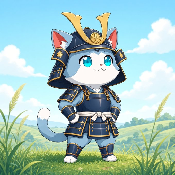 A digital illustration of a cute cartoon cat dressed in traditional Japanese samurai armor with a horned helmet, standing in a grassy field.