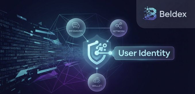 A Beldex cybersecurity graphic centered on “User Identity” connects messaging, networking, wallet, and user data, with a shield and data-flow imagery.