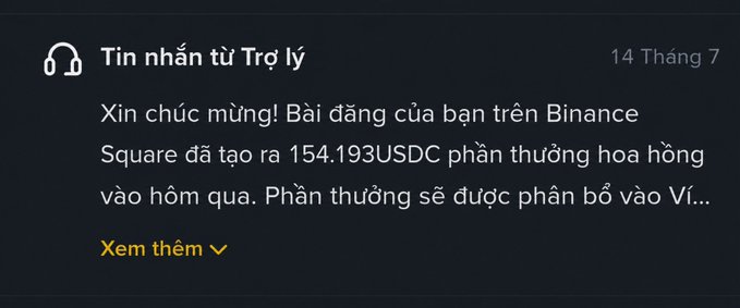 A Vietnamese notification from Binance assistant dated '14 Tháng 7' congratulating the user on earning 154.193USDC in referral rewards from their Binance Square post.