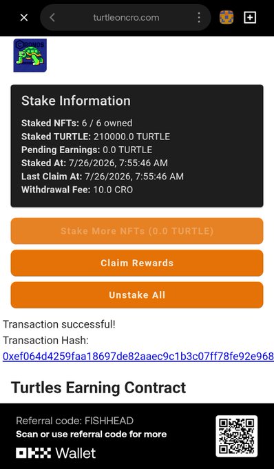 This image shows a screenshot of the "Turtles Earning Contract" interface, displaying stake information for 6 NFTs and 210,000.0 $TURTLE. It serves as visual proof of the platform's functionality, demonstrating the staking and reward claim features mentioned in the post.