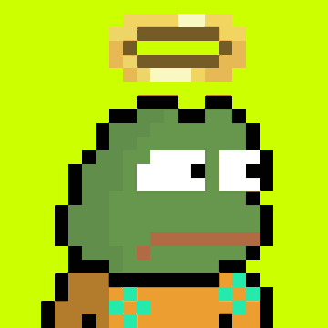 A pixelated green frog-like character with an angry expression wearing a brown loincloth, green shorts, and a yellow halo, set against a bright green background.
