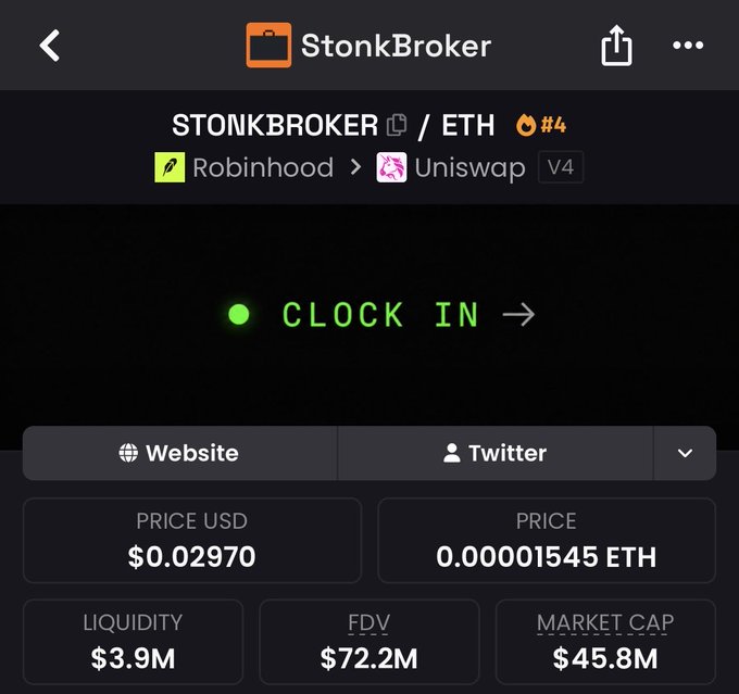 A cryptocurrency token page for StonkBroker (STONKBROKER/ETH) on Uniswap V4, showing a price of $0.02970, liquidity of $3.9M, FDV of $72.2M, and market cap of $45.8M, with a green 'CLOCK IN' prompt.