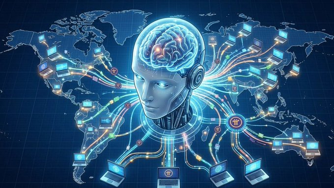 A digital illustration depicts an AI robot head with a glowing brain, surrounded by a network of colorful cables connecting to various devices over a world map background.